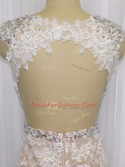 Cap Sleeves Brush Train Backless Beading and Appliques