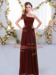 Custom Fit Brown Zipper One Shoulder Ruching Dama Dress for Quinceanera Chiffon Sleeveless