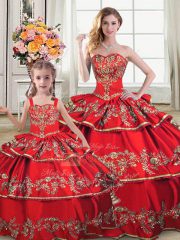 Fabulous Red Satin and Organza Lace Up Ball Gown Prom Dress Sleeveless Floor Length Embroidery and Ruffled Layers