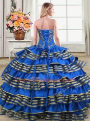 Fabulous Red Satin and Organza Lace Up Ball Gown Prom Dress Sleeveless Floor Length Embroidery and Ruffled Layers