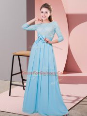 Chiffon 3 4 Length Sleeve Floor Length Dama Dress for Quinceanera and Lace and Belt