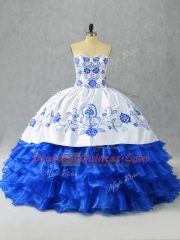 Embroidery and Ruffled Layers Vestidos de Quinceanera Blue And White Lace Up Sleeveless Floor Length