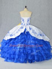 Embroidery and Ruffled Layers Vestidos de Quinceanera Blue And White Lace Up Sleeveless Floor Length