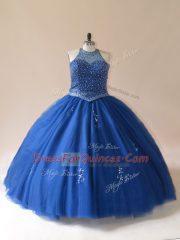 Blue Tulle Lace Up Scoop Sleeveless Floor Length Sweet 16 Dresses Beading
