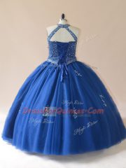 Blue Tulle Lace Up Scoop Sleeveless Floor Length Sweet 16 Dresses Beading