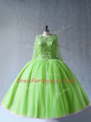Ball Gowns Sweet 16 Dress Green Scoop Tulle Long Sleeves Floor Length Lace Up