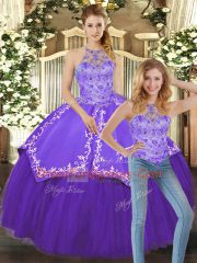 Elegant Purple Satin and Tulle Lace Up Sweet 16 Quinceanera Dress Sleeveless Floor Length Beading and Embroidery