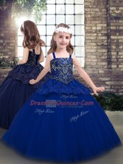 Blue Little Girl Pageant Gowns Party and Military Ball and Sweet 16 with Beading Straps Sleeveless Lace Up