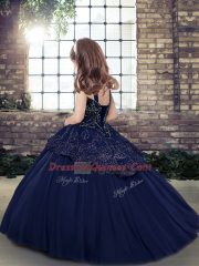 Blue Little Girl Pageant Gowns Party and Military Ball and Sweet 16 with Beading Straps Sleeveless Lace Up