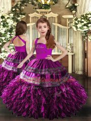 Sweet Floor Length Purple Child Pageant Dress Organza Sleeveless Appliques and Ruffles