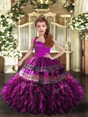 Sweet Floor Length Purple Child Pageant Dress Organza Sleeveless Appliques and Ruffles