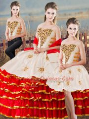 Decent Sleeveless Floor Length Beading and Ruffled Layers Lace Up Ball Gown Prom Dress with White And Red