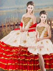 Decent Sleeveless Floor Length Beading and Ruffled Layers Lace Up Ball Gown Prom Dress with White And Red