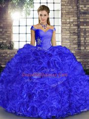 Exquisite Royal Blue Organza Lace Up Off The Shoulder Sleeveless Floor Length Quinceanera Dresses Beading and Ruffles