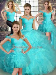Aqua Blue Vestidos de Quinceanera Military Ball and Quinceanera with Beading and Ruffles Off The Shoulder Sleeveless Lace Up