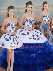 Custom Fit Embroidery and Ruffled Layers and Bowknot Quinceanera Gowns Royal Blue Lace Up Sleeveless Floor Length