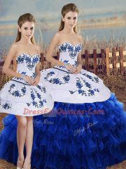 Custom Fit Embroidery and Ruffled Layers and Bowknot Quinceanera Gowns Royal Blue Lace Up Sleeveless Floor Length
