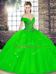 Sweet Green Lace Up Off The Shoulder Beading and Ruffles Quinceanera Gowns Tulle Sleeveless