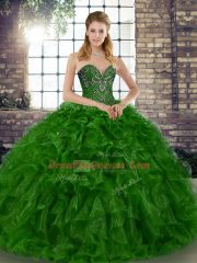 Green Organza Lace Up Sweetheart Sleeveless Floor Length Quince Ball Gowns Beading and Ruffles