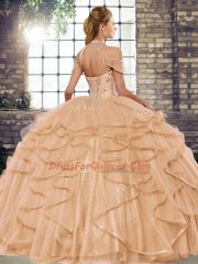 Comfortable Ball Gowns Quinceanera Gown Green Halter Top Tulle Sleeveless Floor Length Lace Up