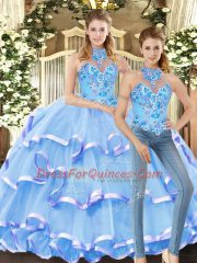 New Style Blue Organza Lace Up Halter Top Sleeveless Floor Length Ball Gown Prom Dress Embroidery and Ruffled Layers