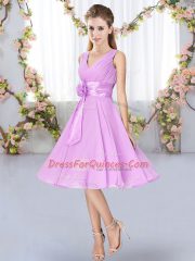 Best V-neck Sleeveless Damas Dress Knee Length Hand Made Flower Lilac Chiffon