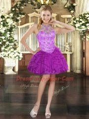 Exquisite Tulle Halter Top Sleeveless Lace Up Beading and Ruffles in Purple