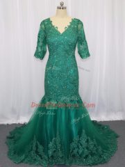 Lace and Appliques Evening Dress Green Lace Up Half Sleeves Brush Train