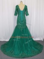 Lace and Appliques Evening Dress Green Lace Up Half Sleeves Brush Train