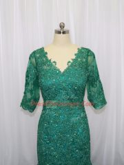 Lace and Appliques Evening Dress Green Lace Up Half Sleeves Brush Train