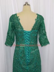Lace and Appliques Evening Dress Green Lace Up Half Sleeves Brush Train