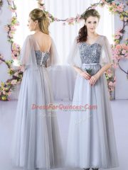 Classical Floor Length Grey Court Dresses for Sweet 16 V-neck Sleeveless Lace Up