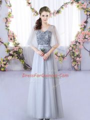 Classical Floor Length Grey Court Dresses for Sweet 16 V-neck Sleeveless Lace Up