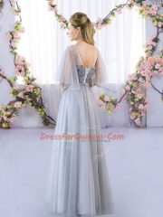 Classical Floor Length Grey Court Dresses for Sweet 16 V-neck Sleeveless Lace Up
