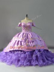 Fantastic Organza Off The Shoulder Sleeveless Chapel Train Lace Up Embroidery and Ruffles Sweet 16 Dresses in Lavender