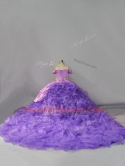 Fantastic Organza Off The Shoulder Sleeveless Chapel Train Lace Up Embroidery and Ruffles Sweet 16 Dresses in Lavender