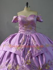 Fantastic Organza Off The Shoulder Sleeveless Chapel Train Lace Up Embroidery and Ruffles Sweet 16 Dresses in Lavender