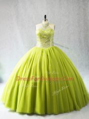 Excellent Yellow Green Sweet 16 Quinceanera Dress Sweet 16 and Quinceanera with Beading Halter Top Sleeveless Lace Up