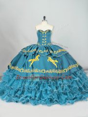 Sleeveless Brush Train Lace Up Embroidery and Ruffled Layers Quince Ball Gowns