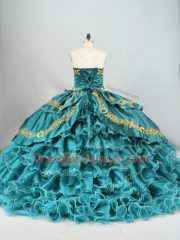 Sleeveless Brush Train Lace Up Embroidery and Ruffled Layers Quince Ball Gowns