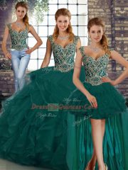 Dazzling Peacock Green Tulle Lace Up Straps Sleeveless Floor Length Quinceanera Gowns Beading and Ruffles