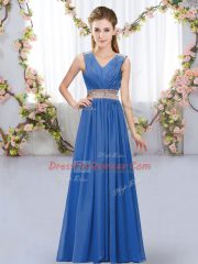Floor Length Blue Quinceanera Court Dresses Chiffon Sleeveless Beading and Belt