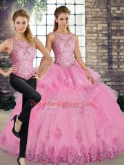 Lace and Embroidery and Ruffles Ball Gown Prom Dress Rose Pink Lace Up Sleeveless Floor Length