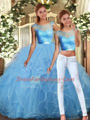 Fancy Baby Blue Tulle Backless Quinceanera Gown Sleeveless Floor Length Lace and Ruffles