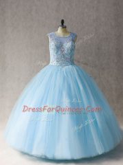 Modest Light Blue Scoop Lace Up Beading Ball Gown Prom Dress Sleeveless
