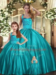 Teal Satin Lace Up Halter Top Sleeveless Floor Length Quince Ball Gowns Ruching