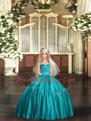 Teal Satin Lace Up Halter Top Sleeveless Floor Length Quince Ball Gowns Ruching