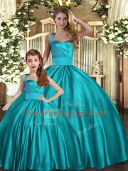 Teal Satin Lace Up Halter Top Sleeveless Floor Length Quince Ball Gowns Ruching