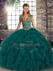 High End Floor Length Ball Gowns Sleeveless Peacock Green Quinceanera Dress Lace Up