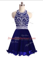 Blue Chiffon Lace Up Halter Top Sleeveless Mini Length Prom Dress Beading